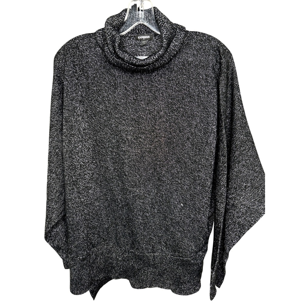 Express Black Silver Metallic Knit Cowl Neck Sweater Size SMALL turtleneckโ